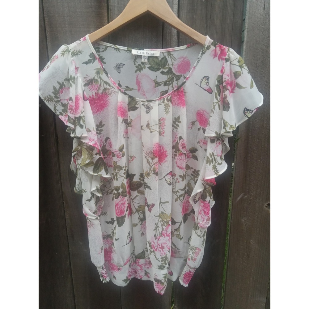 Romantic Feminine Black Rainn White Sheer Pink Floral Capp Blouse S‎